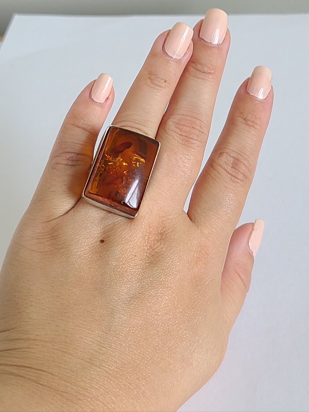 Vintage Large Chunky Boho Square Baltic Amber Sterling Silver Statement Ring